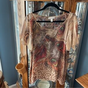Dressbarn Peacock Feather & Leopard Print Bling Sheer blouse XL